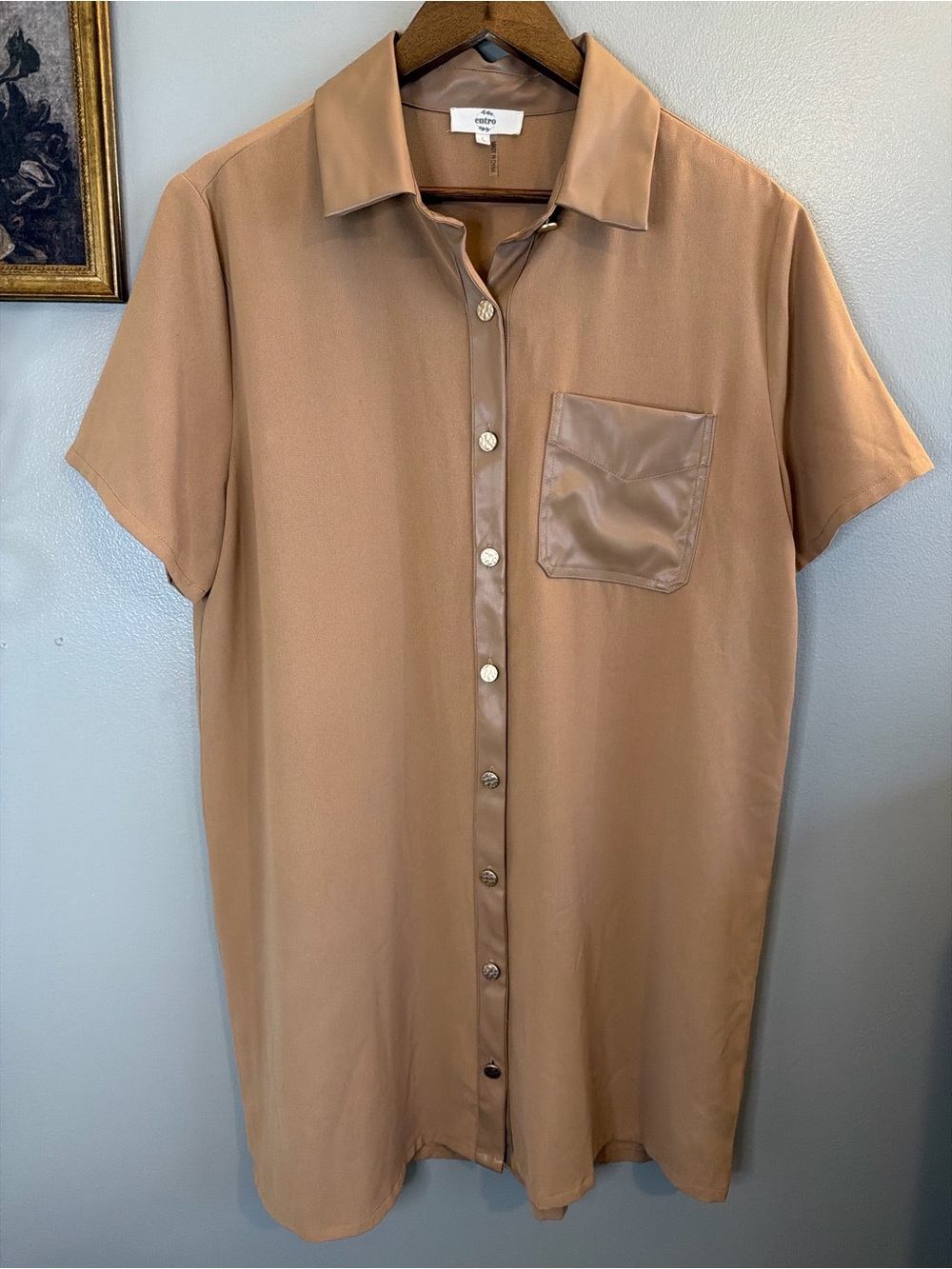 Entro Shirt Dress Large Taupe Faux Leather Trim Button Front Quiet Luxury - Picture 4 of 8